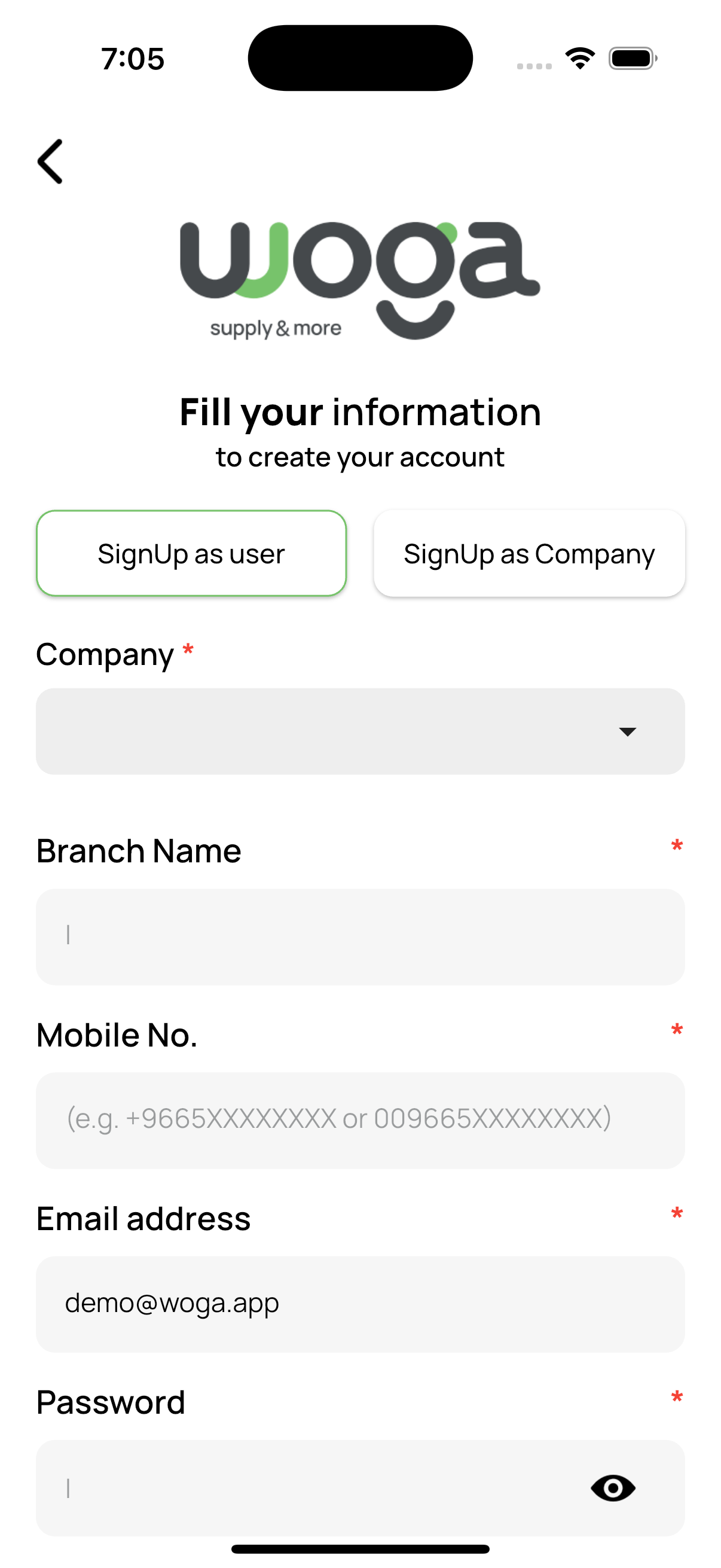 Create account form
